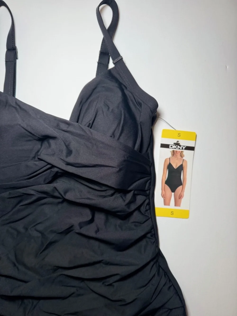 DKNY One Piece Swimsuit Small Black Ruched Twist Front NWT - Picture 3 of 6